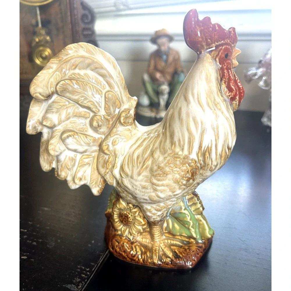 Vintage Style Rooster Figurine Gold White Ceramic Farmhouse Decor